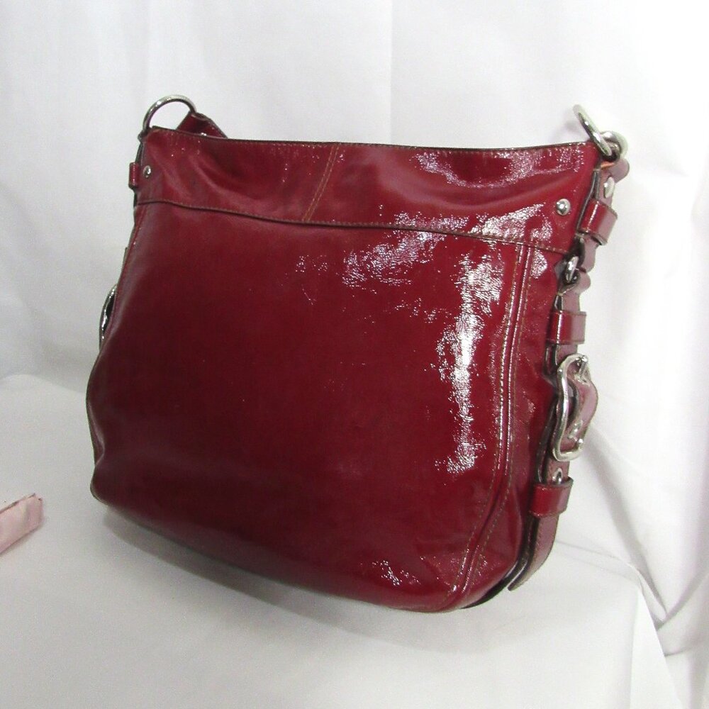 COACH ZOE EDITORIAL BAG XL  12 x 14 x 4 Burgundy Red Patent Leather Shoulder Bag - Picture 7 of 11